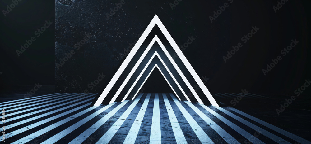 Poster a white triangle with black stripes on it in the center of an empty dark room. black background. min