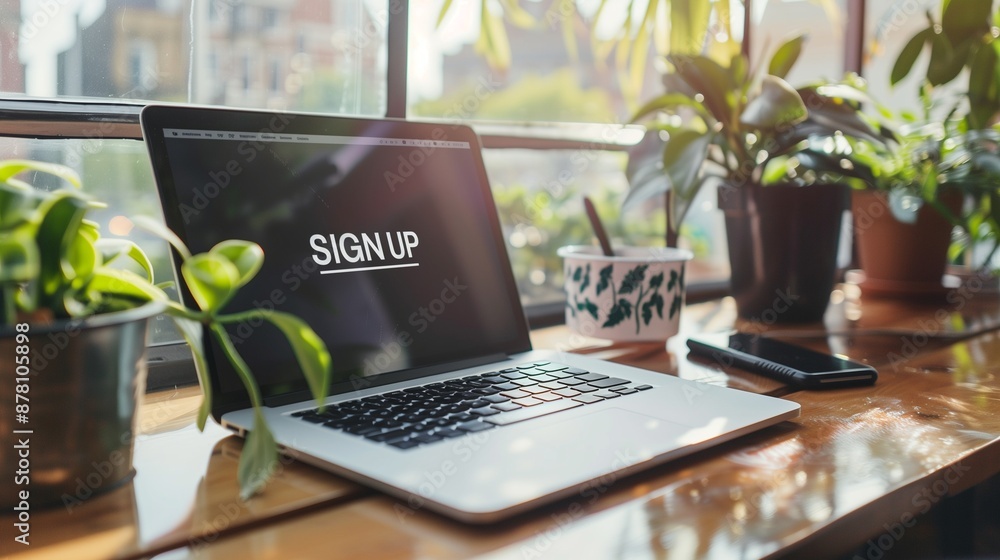 Poster a laptop screen displaying the words sign up symbolizes the concept of secure authentication and onl