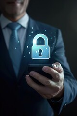 A businessman holding smartphone with security padlock icon on dark background illustrating digital security concept