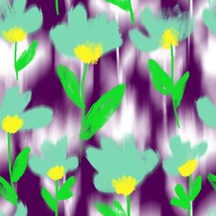 Abstract Digital Painting Watercolor Blurred Tulip Flowers and Leaves Seamless Textile Pattern with Tie Dye Batik Shadows Background