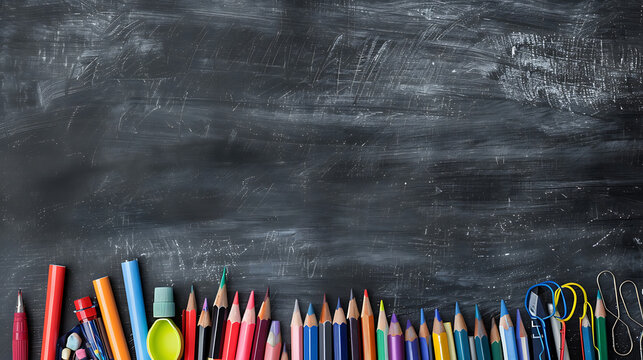 School supplies bottom border on a chalkboard background