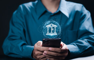Digital banking, internet financial transactions, financial technology concept. Businessman using smartphone with online banking digital technology on virtual screen