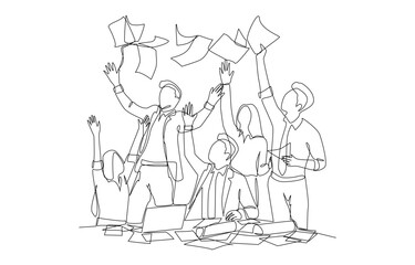 Continuous one line drawing of businesspeople throwing papers into the air to celebrate successful project, teamwork celebration concept, single line art.

