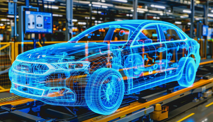 Fototapeta premium Futuristic car in high-tech lab with holographic displays