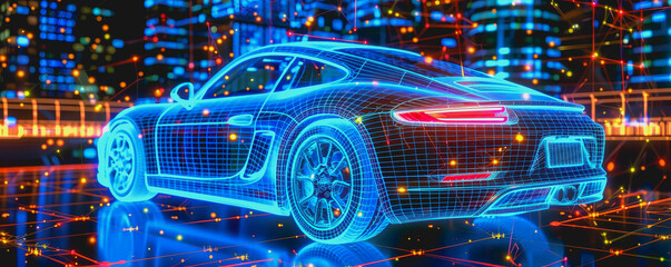 Futuristic car in high-tech lab with holographic displays