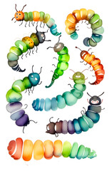 An illustration depicting a colorful caterpillar in various shades of green, blue, red and orange. A set with a baby caterpillar painted in watercolor, isolated on a white background.