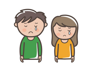 つらくて泣いている若い男女の上半身イラスト
