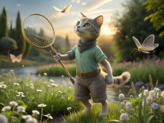 cat catches butterflies with a net