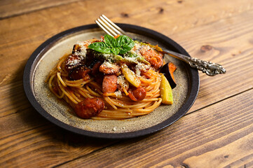 ナスとアスパラのトマトパスタ