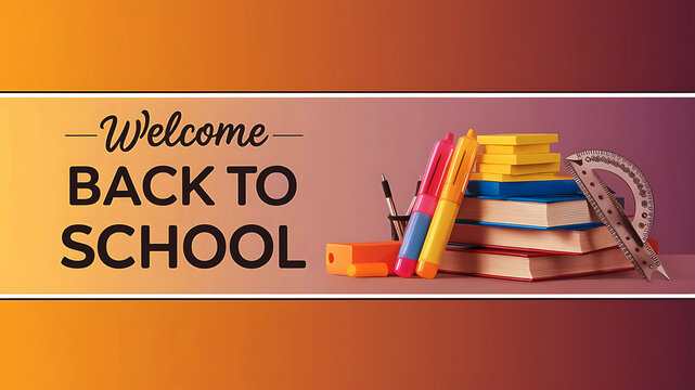 Back to school illustration. Welcome back to school greeting text with education color pencil, Books, erasers, notebooks, rulers and other school supplies elements for educational background. 