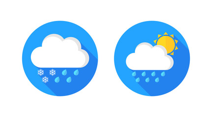 Weather icons. Snowfall and Rain, Rain and Sun Icons. Flat style. Vector icons.