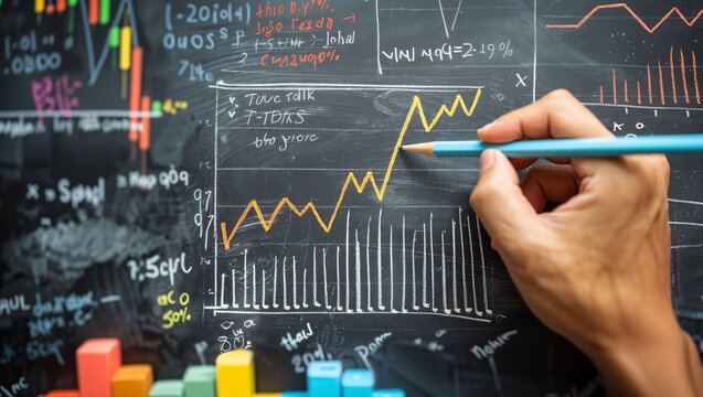 A person draws an upward-trending yellow graph on a chalkboard filled with various colorful charts, graphs, and mathematical annotations, symbolizing data analysis and financial trends.