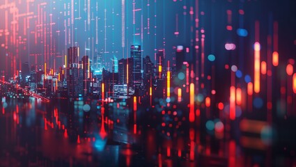 Fototapeta premium A digital urban cityscape filled with tall buildings and vibrant lights in red and blue, illuminated by abstract patterns of glowing lines and points creating a sense of futuristic ambiance.