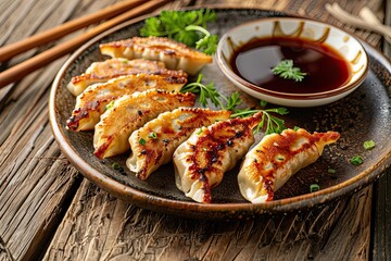 Delicious Japanese gyoza dumplings with soy sauce and chopsticks