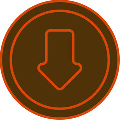 Down Arrow Circle Icon or Symbol in Bronze and Orange Color.