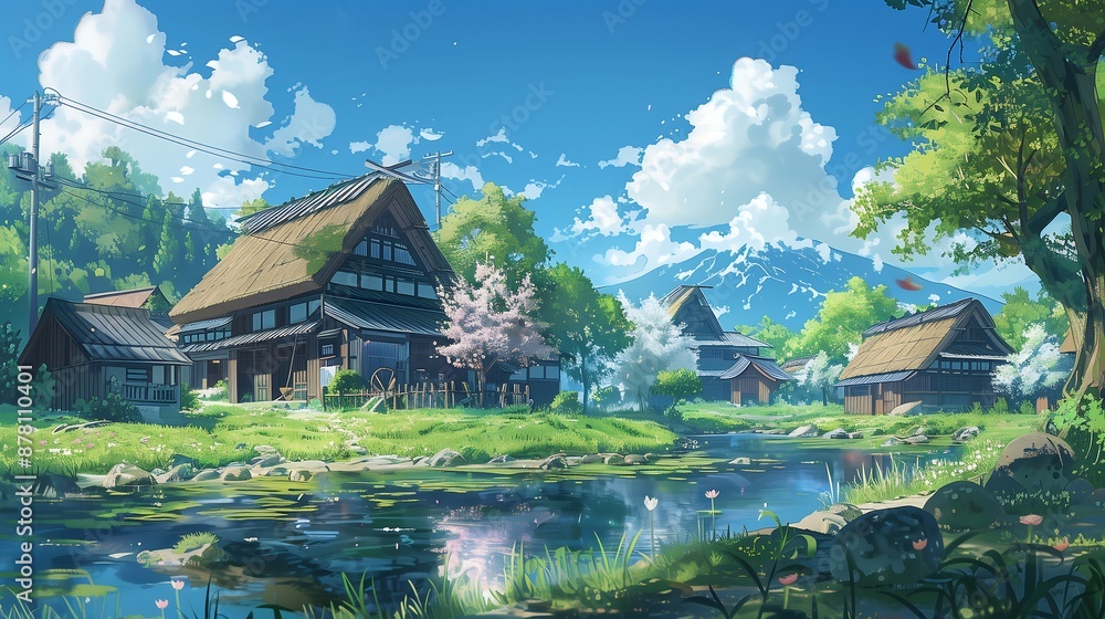 Wall mural village landscape anime style