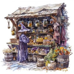 An illustration of a magical market where wizards and witches buy ingredients for spells