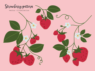 Isolated set of hand drawn strawberry. Vector Floral print. Sketch fresh juicy berries with leaves and flowers. fruit print .Vector cartoon minimalistic style  illustration. Doodle seamless pattern