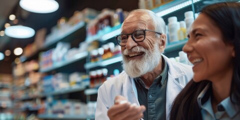 Obraz premium A couple browsing shelves in a pharmacy shop