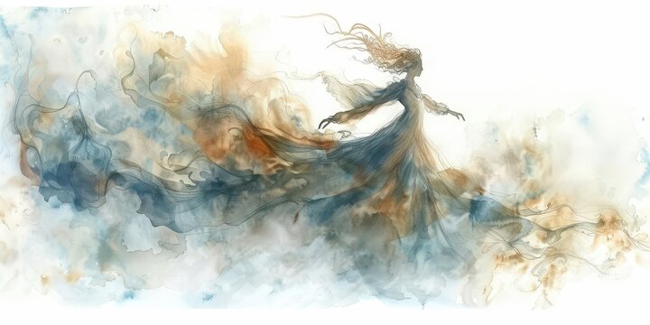 A watercolor painting of a sylph wind spirit dancing through the clouds