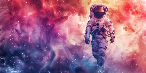 Fototapeta premium A watercolor painting of an astronaut fairy exploring a nebula with sparkling dust and colorful gases