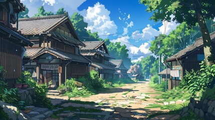 Fototapeta premium village landscape anime style