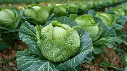 Obraz premium A bunch of green cabbage is growing in a field