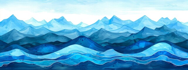 Obraz premium Artistic Blue Watercolor Waves with Hand-Drawn Ocean Patterns on White Background