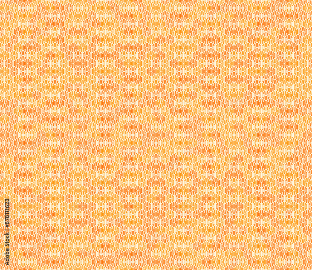 Poster geometric background. bold stacked rounded hexagons mosaic cells. orange color tones. regular hexago