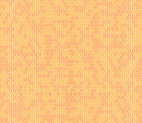 Geometric background. Bold stacked rounded hexagons mosaic cells. Orange color tones. Regular hexagon shapes. Seamless pattern. Tileable vector illustration.
