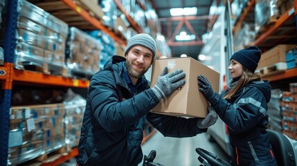 Fototapeta premium Collaboration between two people when working in the warehouse and shipping services, checking stock taking of cardboard boxes, crates and incoming goods