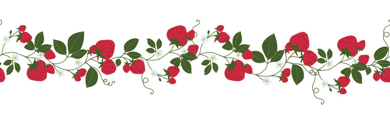 Horizontal Seamless pattern of strawberry branch. Floral print. Sketch fresh juicy berries with leaves and flowers. Hand drawn fruit. Vector cartoon minimalistic style illustration. Doodle pattern