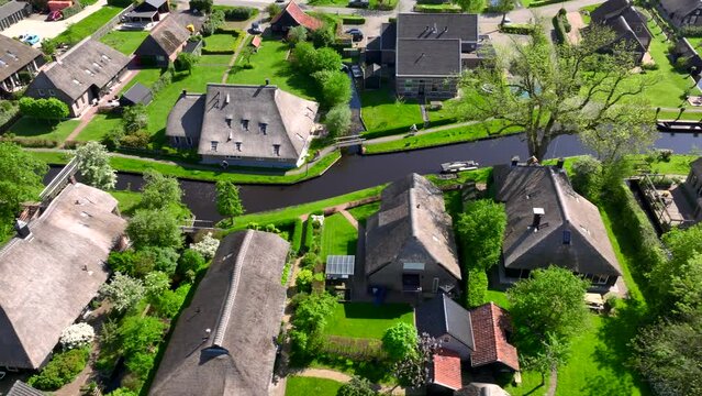 Giethoorn Drone View. Netherlands Village Aerial Footage. The most beautiful Dutch Village. The Venice of Netherlands.