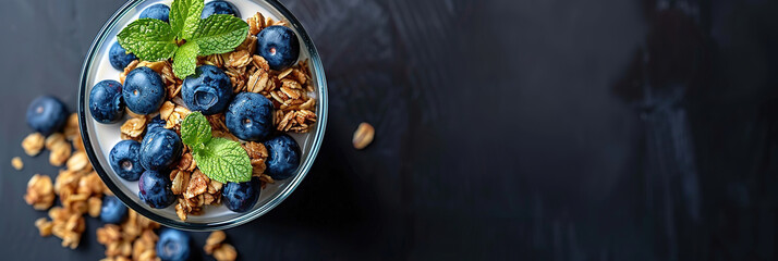 Start your day right with a glass jar of yogurt topped with nutritious granola and fresh blueberries, placed on the table for a delicious morning breakfast 