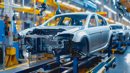 High-tech car manufacturing with neon lights and holographic screens
