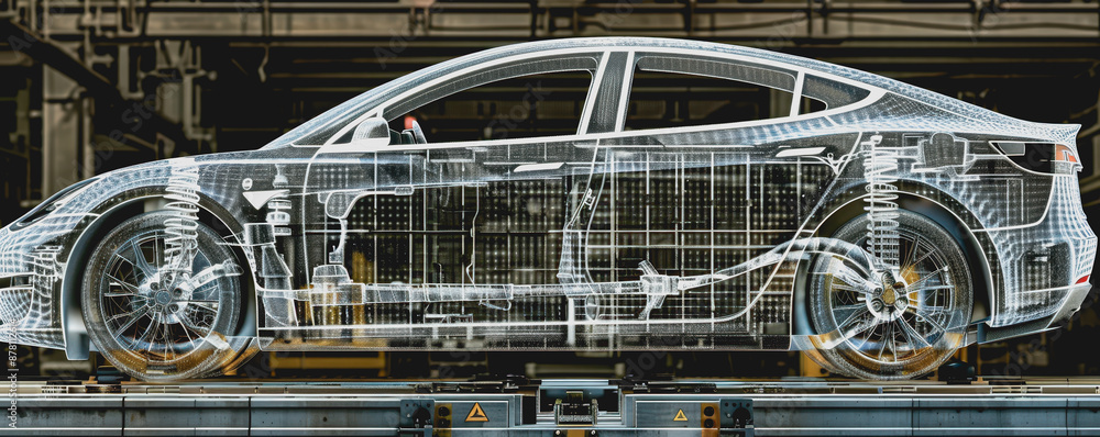 Poster futuristic car assembly line with holographic projections and robotics