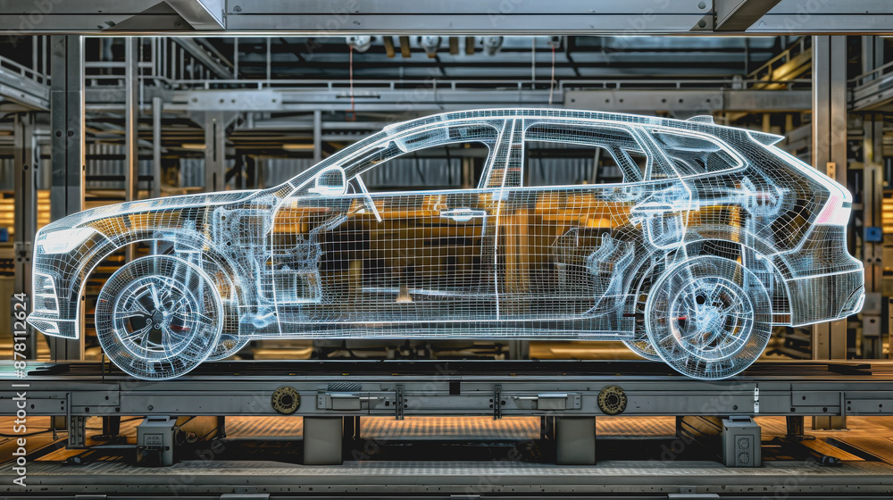 Poster futuristic car assembly line with holographic projections and robotics