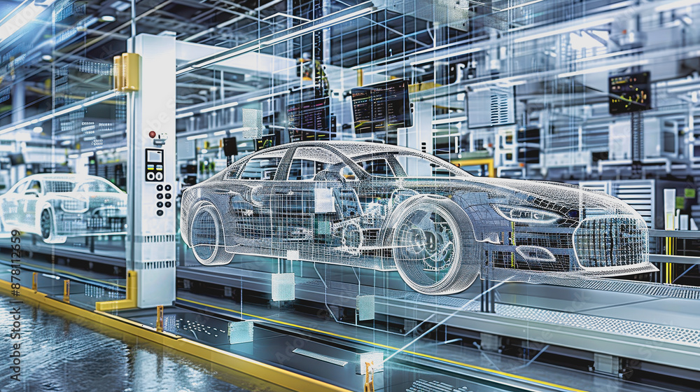 Poster futuristic car assembly line with holographic projections and robotics