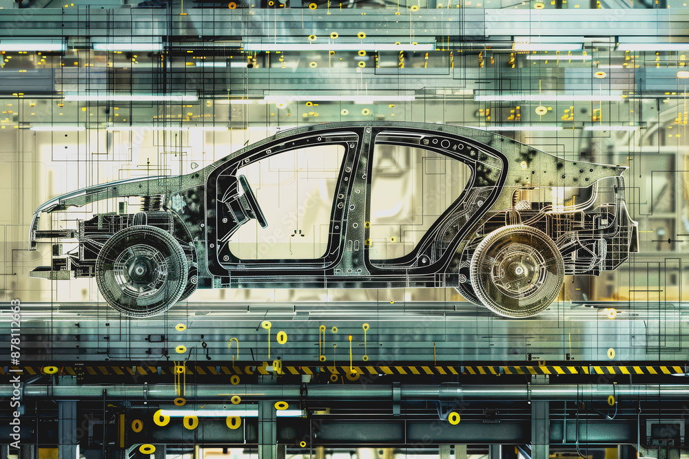 Poster futuristic car assembly line with holographic projections and robotics