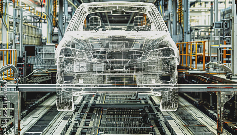 Poster futuristic car assembly line with holographic projections and robotics