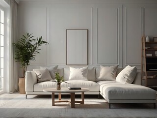 Modern white interior design with free space for copy on walls, white living room furniture with couch, lamps, tables and board made a unique bright design