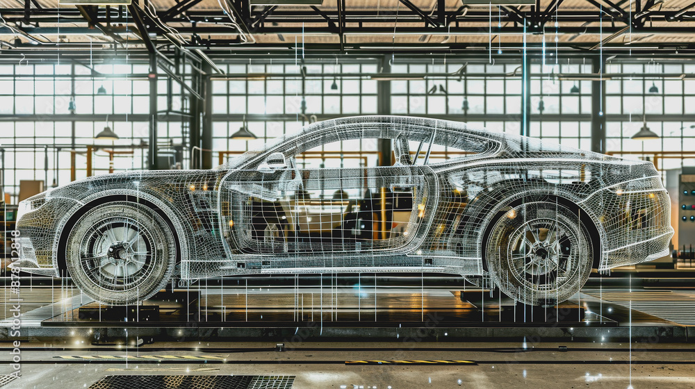 Poster futuristic car assembly line with holographic projections and robotics