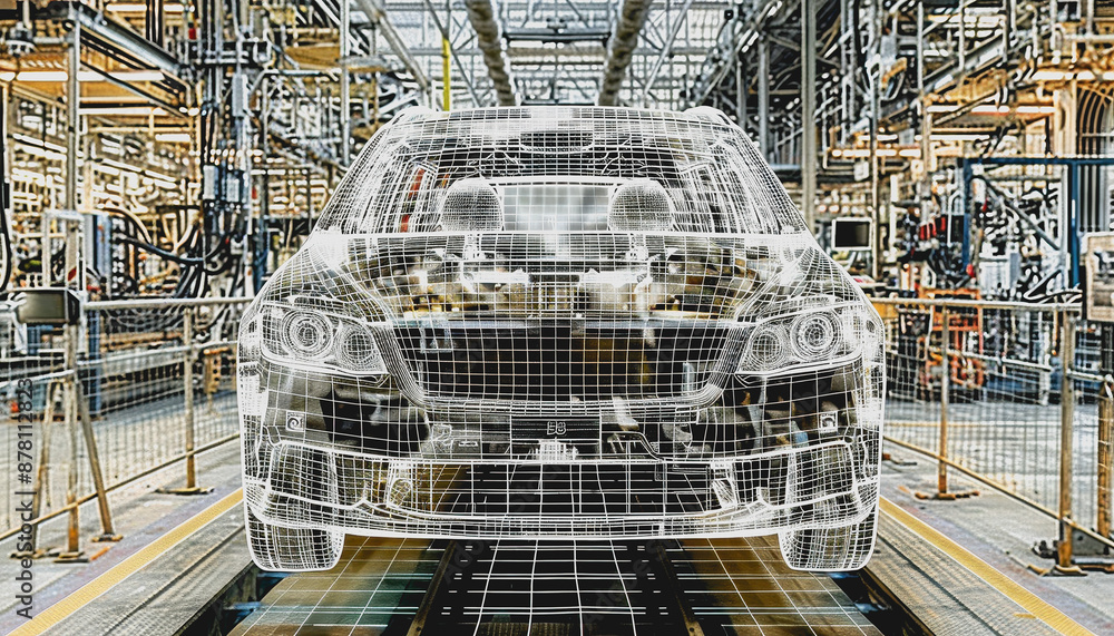Poster futuristic car assembly line with holographic projections and robotics