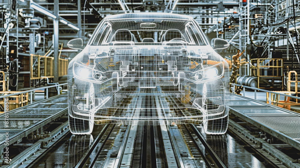 Poster futuristic car assembly line with holographic projections and robotics