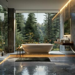 Fototapeta premium An exclusive bathroom design with floor-to-ceiling windows offering views of the surrounding forest and a minimalist floating vanity