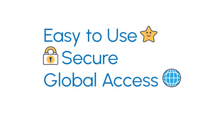 Text with emojis highlighting ease of use, security, and global access. Emoji concept.
