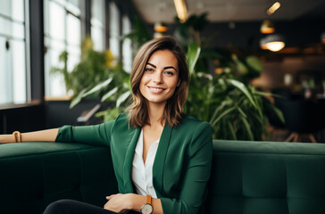 Smiling Businesswoman in Green Blazer Sitting on Sofa in Modern Office