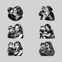 Vector silhouette art featuring mothers engaging in various playful activities with their children 