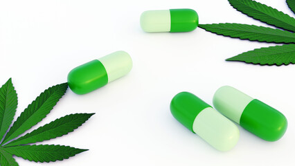 3d rendering of cannabis leaf paired with a capsule represents the exploration of cannabinoid-based treatments in medicine.