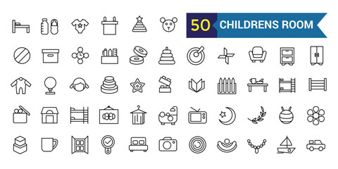 Childrens room icons set. Outline set of childrens room vector icons for ui design. Outline icon collection. Editable stroke.